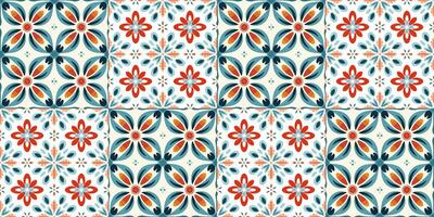 Scandinavian Style Tile in blue and red colors. Ethnic Vector Seamless Floral Pattern. Abstract Square Geometric Swatch for Wrapping Paper, Indoor Decor, or Fabric