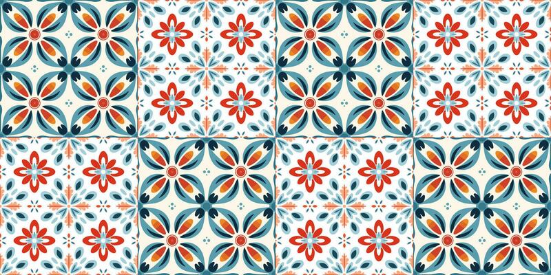 Scandinavian Style Tile in blue and red colors. Ethnic Vector Seamless Floral Pattern. Abstract Square Geometric Swatch for Wrapping Paper, Indoor Decor, or Fabric