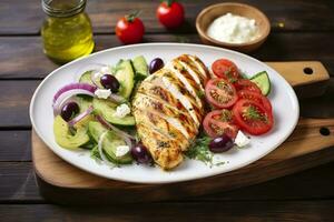 AI generated Seared chicken breast and Greek salad on a wooden table. Generative AI photo