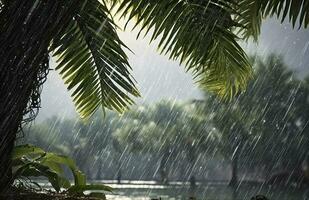 ai generado lluvia en el zona tropical durante el bajo temporada o monzón estación. gotas de lluvia en un jardín. generativo ai foto