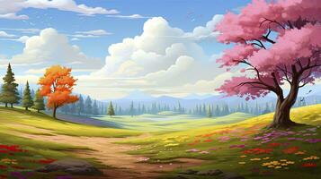 AI generated Spring season with colorful flowers and trees in a pretty meadow or field. AI Generated. photo