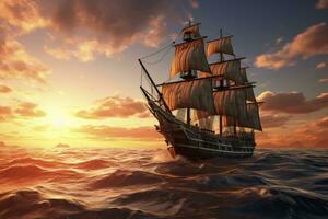 AI generated Pirate ship sailing on the ocean at sunset. Vintage cruise. AI Generated photo