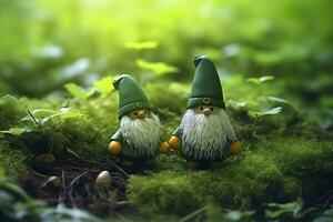 AI generated Toy Irish gnomes in a mystery forest, abstract green natural background. Generative AI photo