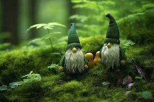 AI generated Toy Irish gnomes in a mystery forest, abstract green natural background. Generative AI photo