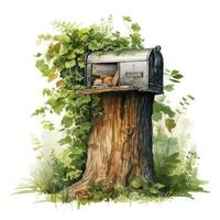 AI generated Watercolor mailbox in a tree on a white background. AI Generated photo
