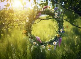 AI generated Rustic wildflowers wreath on a sunny meadow. Summer Solstice Day, Midsummer concept. Generative AI photo