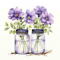 AI generated Collection of watercolor mason jars with purple flowers clipart. AI Generated photo