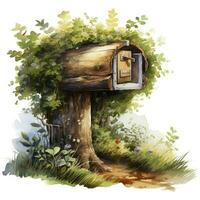 AI generated Watercolor mailbox in a tree on a white background. AI Generated photo