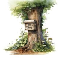 AI generated Watercolor mailbox in a tree on a white background. AI Generated photo