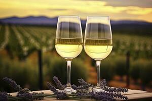 AI generated Two glasses with white wine on background of a lavender field. AI Generated photo