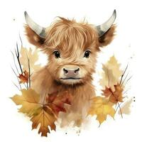 AI generated Happy cute baby highland cow in autumn leaves in the watercolor style. AI Generated photo