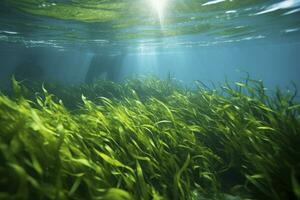 AI generated Underwater view of a group of seabed with green seagrass. AI Generated photo