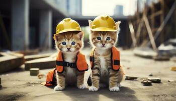 AI generated Two kittens wearing hard hats on a construction site. Generative AI photo