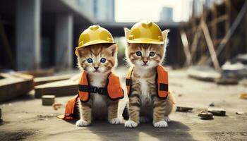 ai generado dos gatitos vistiendo difícil sombreros en un construcción sitio. generativo ai foto