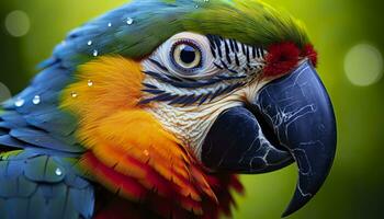 AI generated Tropical macaw perched, vibrant feathers in focus. Generative AI photo