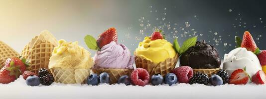 AI generated Banner with ice cream in a waffle cone on a summer day. Generative AI photo