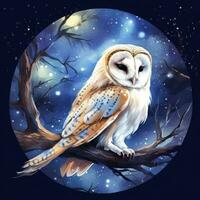 AI generated Watercolor magical owl sitting on a tree branch for T-shirt Design. AI Generated photo