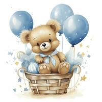 AI generated A watercolor baby teddy bear is sitting in the basket with blue and gold balloons. AI Generated photo