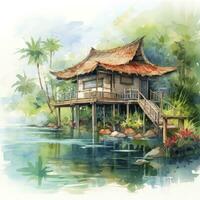 AI generated A watercolored bright serene image of a traditional bahay kubo. AI Generated photo