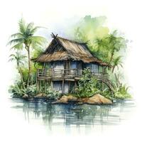 AI generated A watercolored bright serene image of a traditional bahay kubo. AI Generated photo