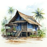 AI generated A watercolored bright serene image of a traditional bahay kubo. AI Generated photo