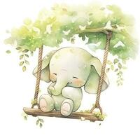 AI generated Cute happy baby elephant on swings in the tree in watercolor. AI Generated photo