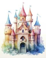 AI generated Colorful watercolor kawaii castle isolated on white background. AI Generated photo