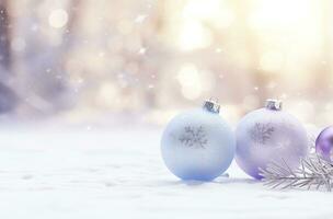 AI generated Christmas decorations ball on snow background. AI Generated photo