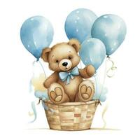 AI generated A watercolor baby teddy bear is sitting in the basket with blue and gold balloons. AI Generated photo