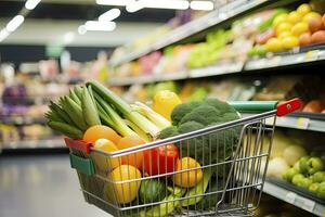 AI generated Close up of full shopping cart in grocery store. AI Generated photo