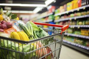 AI generated Close up of full shopping cart in grocery store. AI Generated photo