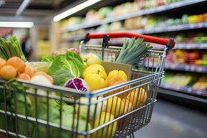 AI generated Close up of full shopping cart in grocery store. AI Generated photo