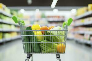 AI generated Close up of full shopping cart in grocery store. AI Generated photo