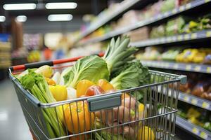 AI generated Close up of full shopping cart in grocery store. AI Generated photo