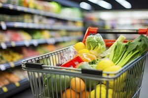 AI generated Close up of full shopping cart in grocery store. AI Generated photo