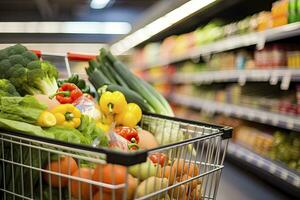 AI generated Close up of full shopping cart in grocery store. AI Generated photo