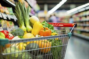 AI generated Close up of full shopping cart in grocery store. AI Generated photo
