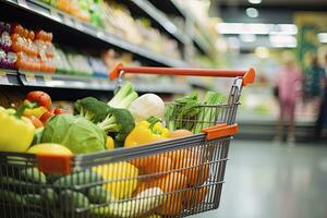 AI generated Close up of full shopping cart in grocery store. AI Generated photo
