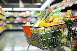 AI generated Close up of full shopping cart in grocery store. AI Generated photo