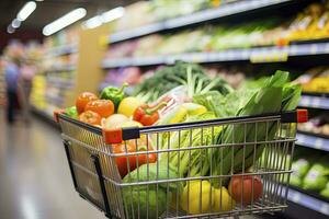 AI generated Close up of full shopping cart in grocery store. AI Generated photo