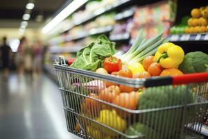 AI generated Close up of full shopping cart in grocery store. AI Generated photo
