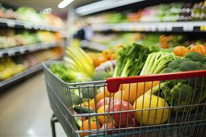 AI generated Close up of full shopping cart in grocery store. AI Generated photo