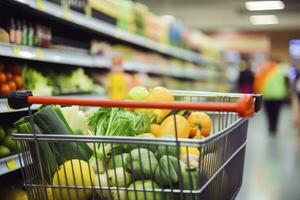 AI generated Close up of full shopping cart in grocery store. AI Generated photo