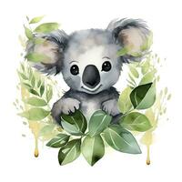 AI generated Happy cute koala in leaves in the watercolor style on the white background. AI Generated photo