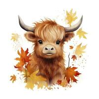 AI generated Happy cute baby highland cow in autumn leaves in the watercolor style. AI Generated photo