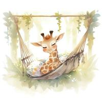 AI generated A sleepy baby giraffe in a hammock. watercolor illustration. AI Generated photo