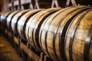 AI generated Wooden oak Port barrels in neat rows. AI Generated photo