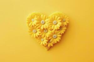 AI generated Yellow Heart Shaped By Yellow Daisies Over Yellow Background. AI Generated photo