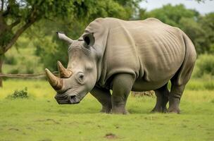 AI generated White Rhino grazing. AI Generated photo