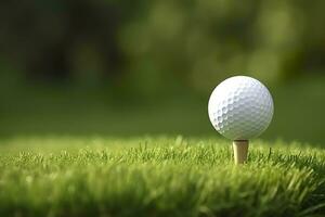 ai generado blanco golf pelota en de madera tee con césped. generativo ai foto